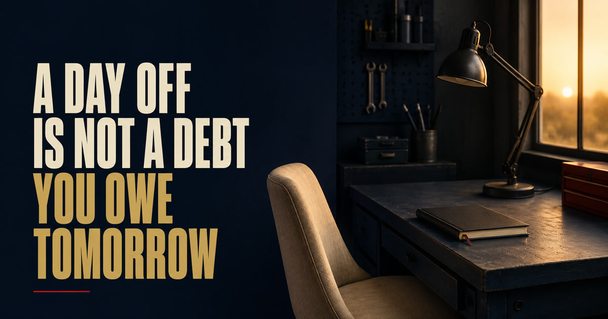 An empty workbench beside a quiet chair at sunrise beneath the words A Day Off Is Not a Debt You Owe Tomorrow
