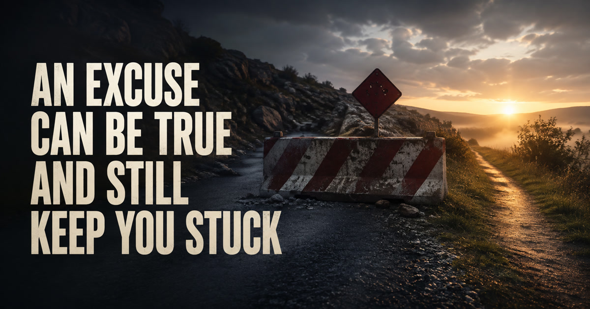 A worn roadblock beside an open side path at sunrise beneath the words An Excuse Can Be True and Still Keep You Stuck