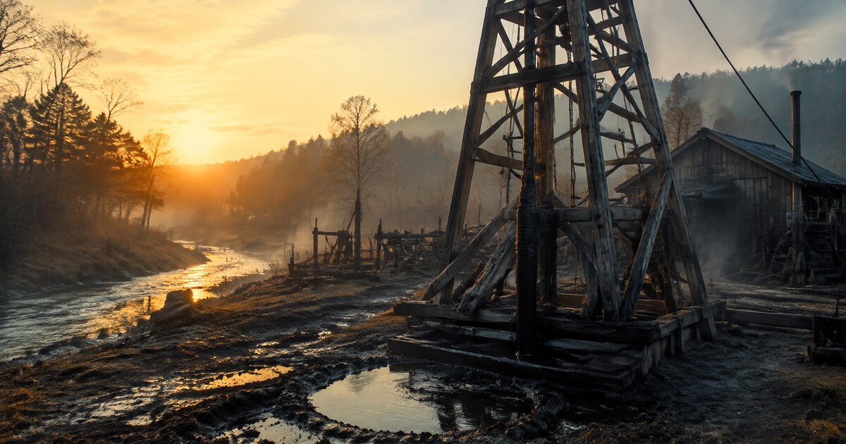 A symbolic 1859 wooden oil derrick beside Oil Creek at dawn