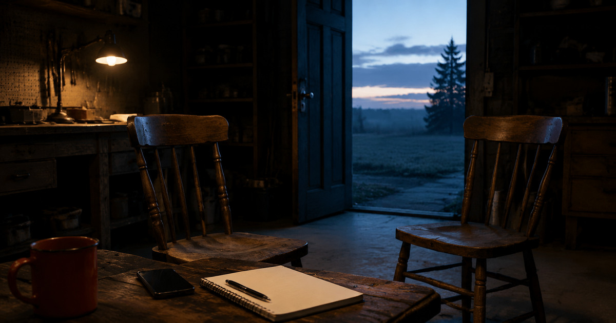 One work light glowing beside two chairs and an open door before dawn