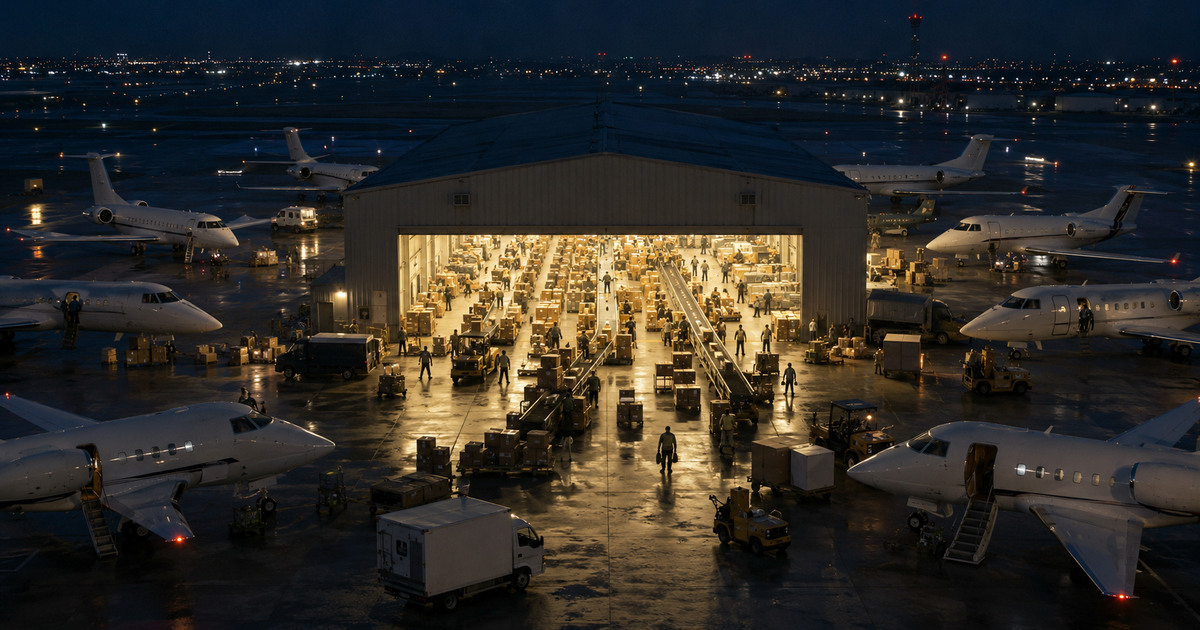 A symbolic 1970s cargo hub at night with small jets arranged around one illuminated sorting floor