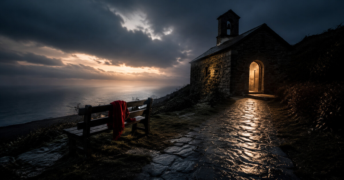 A rain-darkened path leading toward warm morning light through an open chapel doorway