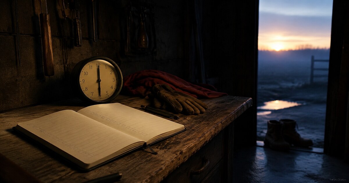 A quiet pre-dawn workbench with an open checklist, gloves, clock, and boots ready by the doorway