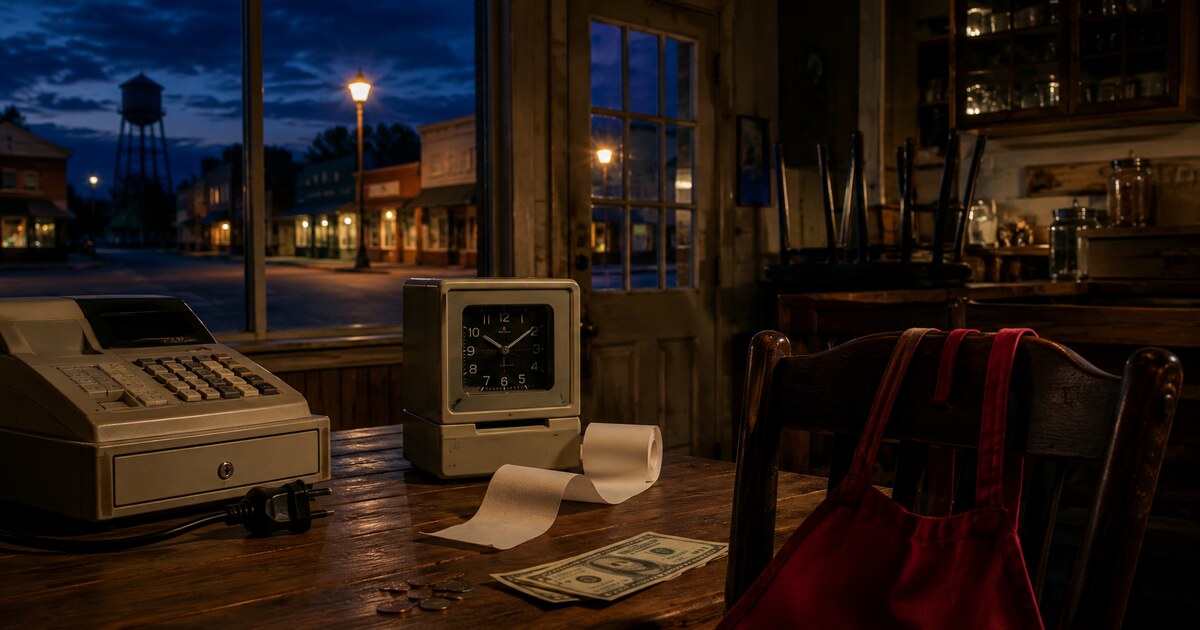 An East Texas small-business counter after closing with a time clock, apron, register, receipt paper, and cash