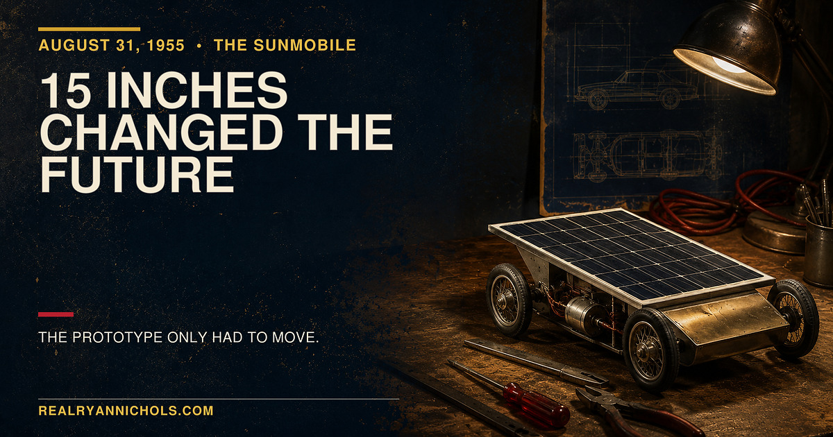 A historically inspired miniature solar-powered model car on a 1950s exhibition workbench