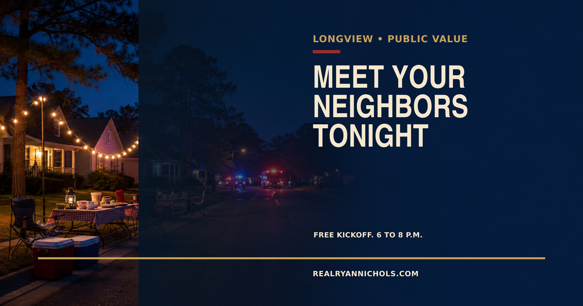 A welcoming East Texas neighborhood at dusk with porch lights, tables, and emergency vehicles farther down the street