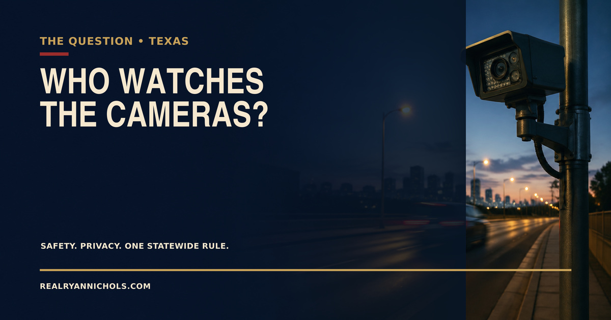 A conceptual roadside license plate reader beside a Texas highway at dusk