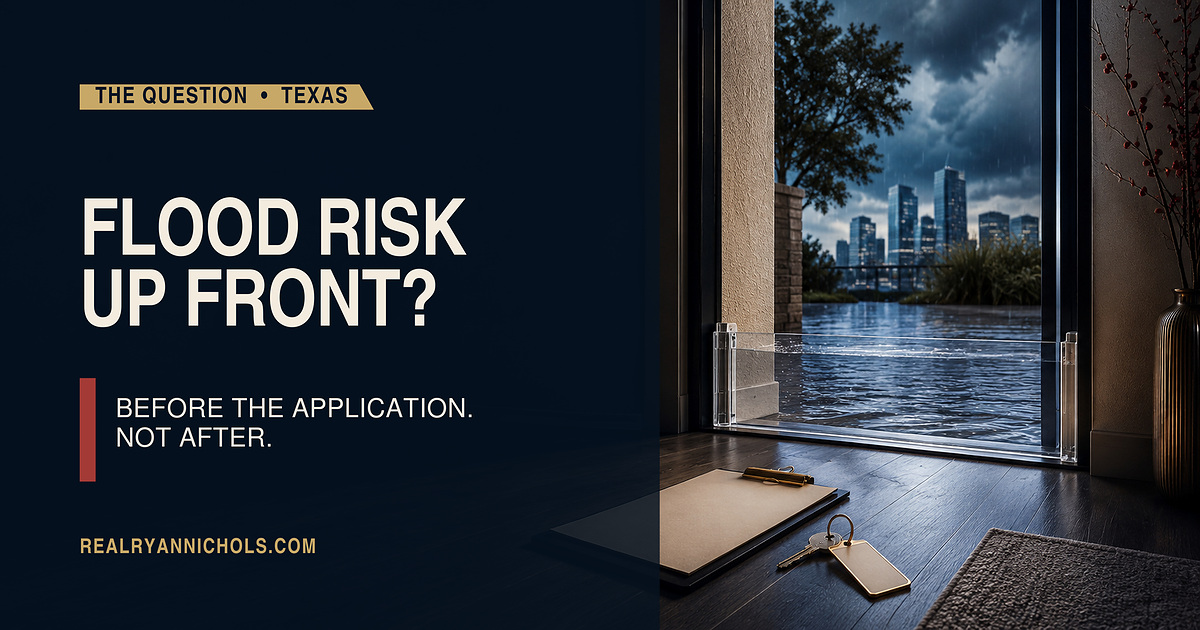 An empty apartment doorway facing floodwater with a blank clipboard and rental key inside
