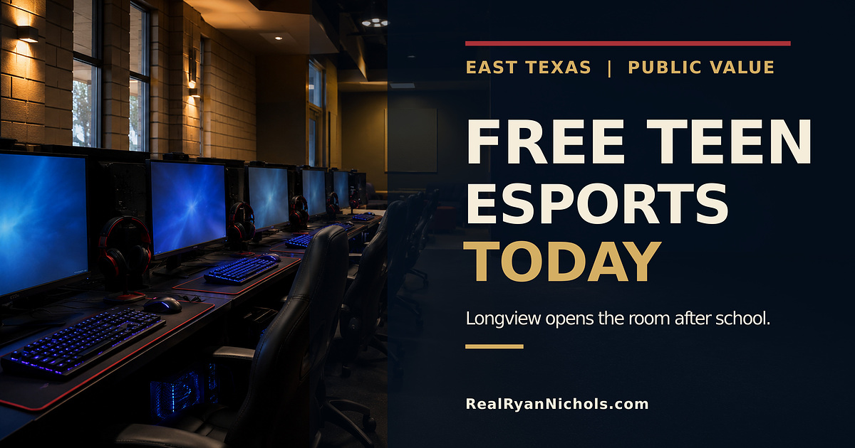 A crisp row of gaming stations in a community recreation room with empty chairs ready for teen players
