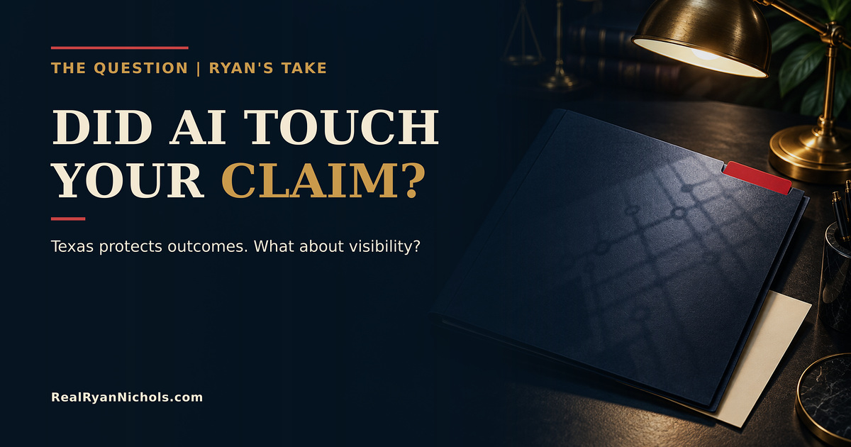 A sealed insurance claim folder casting a subtle circuit-pattern shadow beneath a brass desk lamp