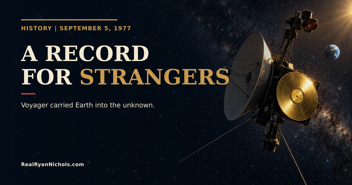 A gold phonograph record mounted beside a deep-space spacecraft silhouette with Earth fading behind it