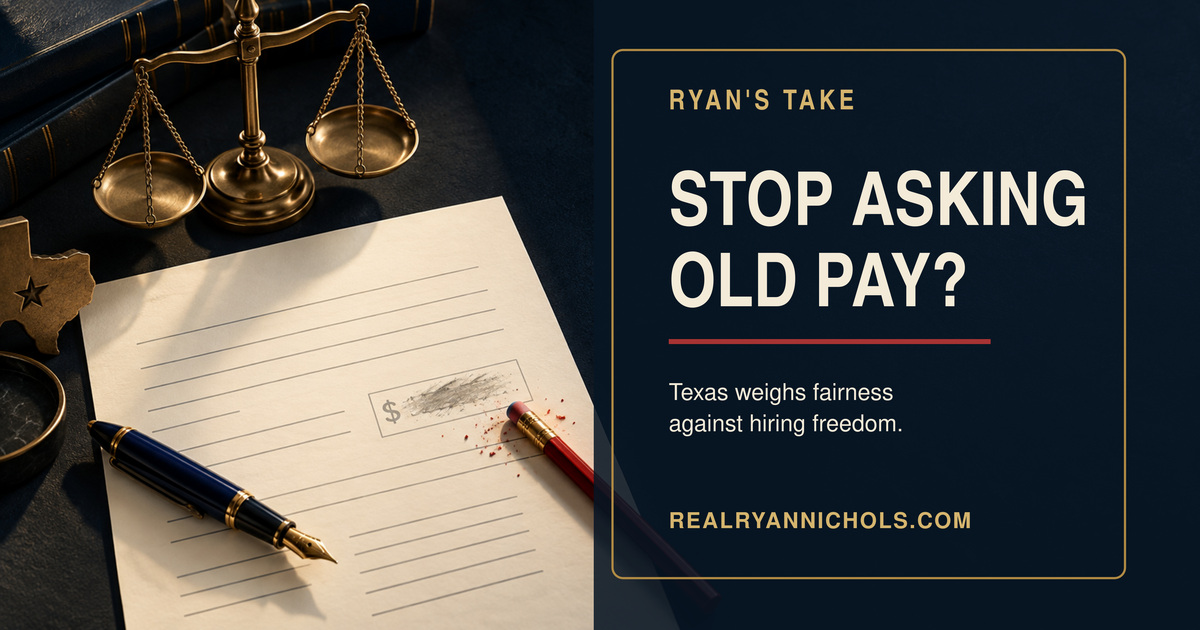 A blank job application beside an erased pay figure and a brass balance scale, representing the salary-history debate
