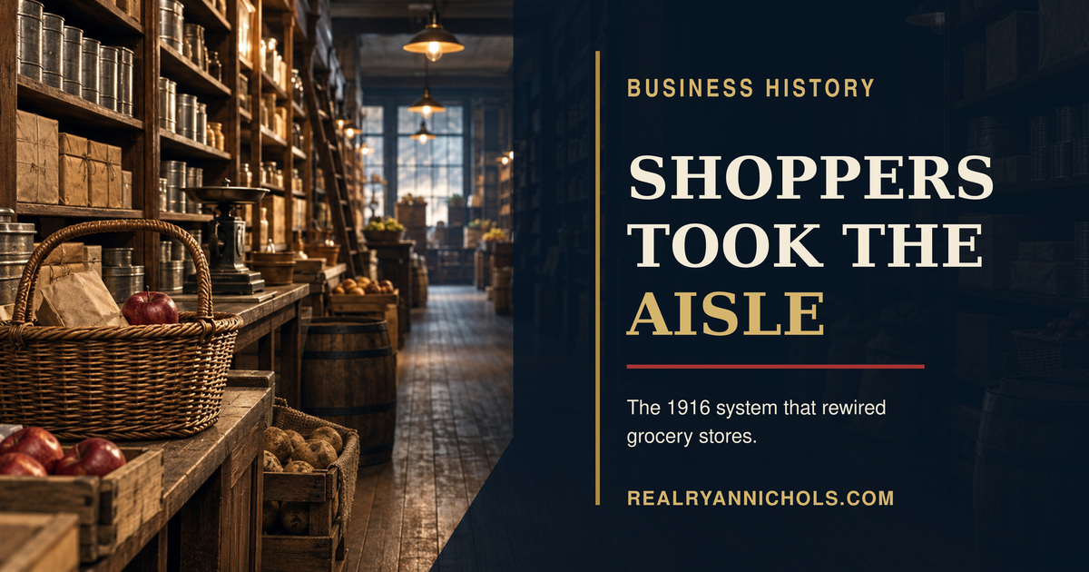 A 1916-style grocery aisle with wicker baskets and neatly arranged goods, representing the birth of self-service shopping