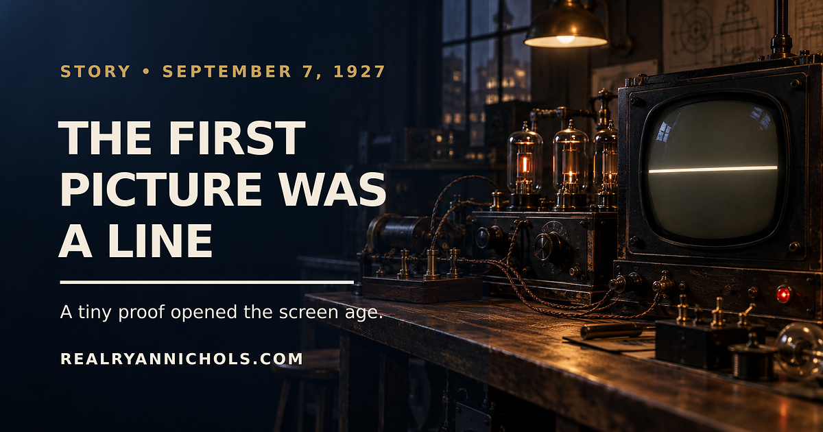 A 1920s electronics bench with a small glowing tube displaying one clean horizontal line
