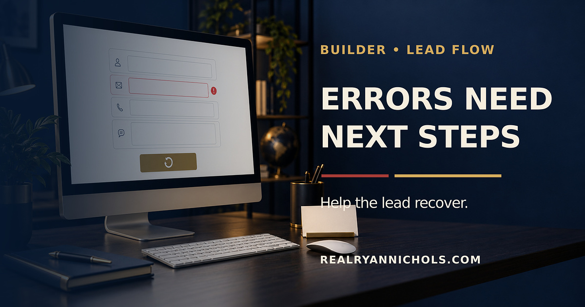 A clean website form on a dark worktable with one precise correction note, a saved message card, and a clear next-step arrow