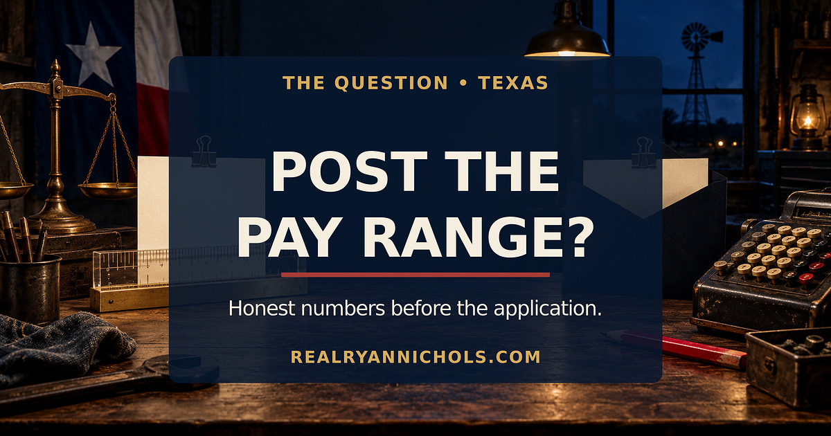 Two blank job postings on a workshop wall, one showing a clear pay range and one hiding it behind a question mark