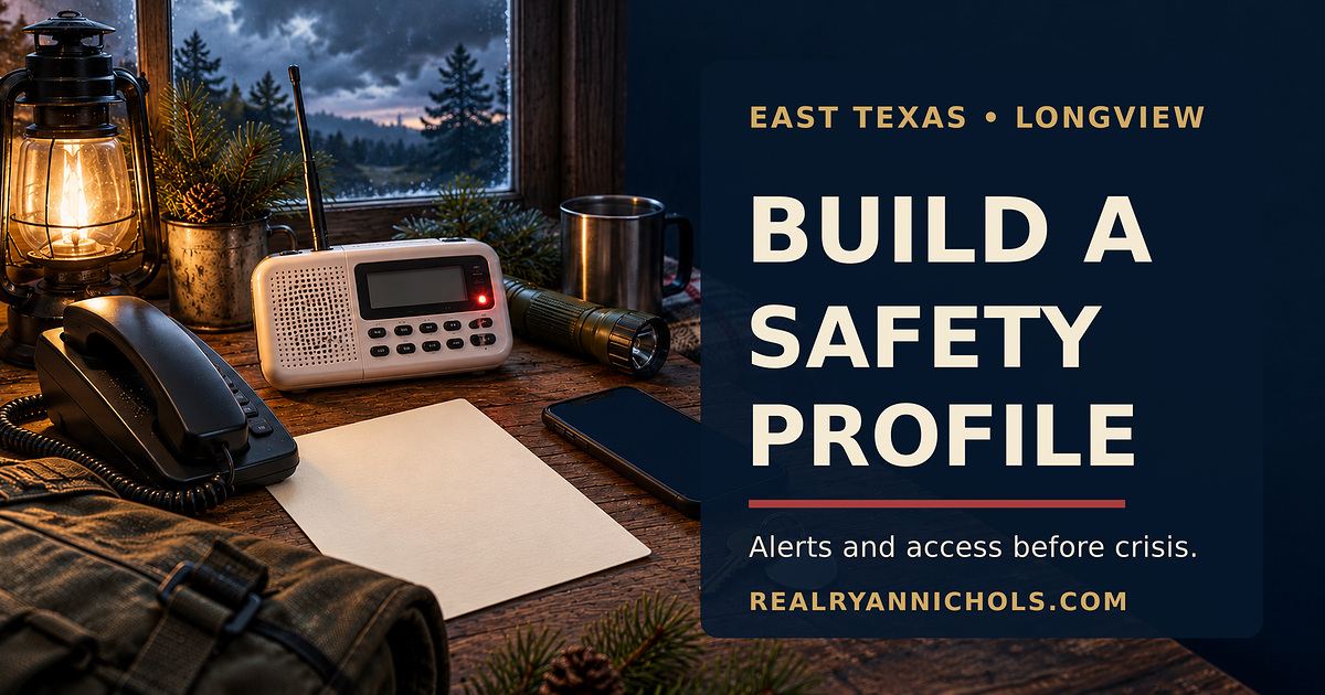 A weather radio, landline phone, smartphone, pet tag, and house key arranged as a practical East Texas emergency kit
