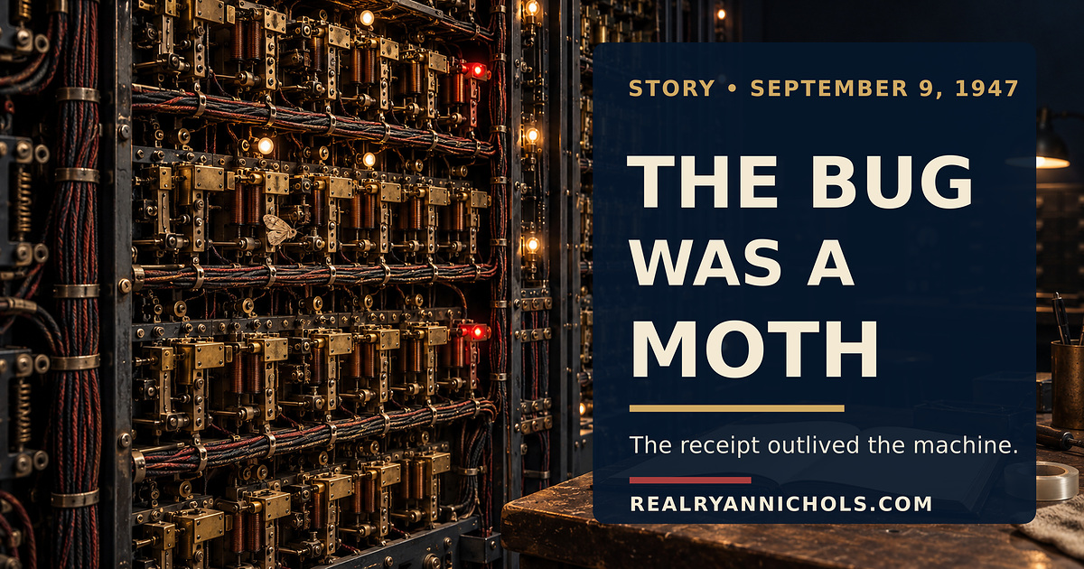 An electromechanical relay cabinet, a small moth silhouette, and an open maintenance log on a 1940s engineering bench