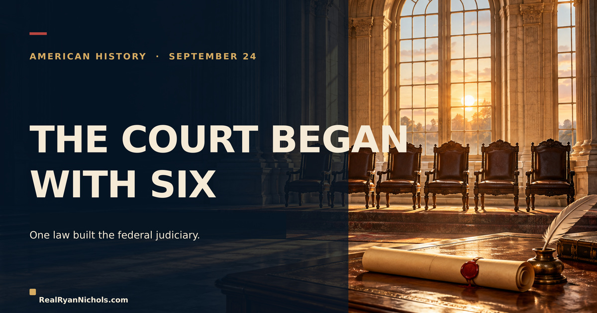 Six empty chairs beneath a courthouse window beside a handwritten 1789 statute