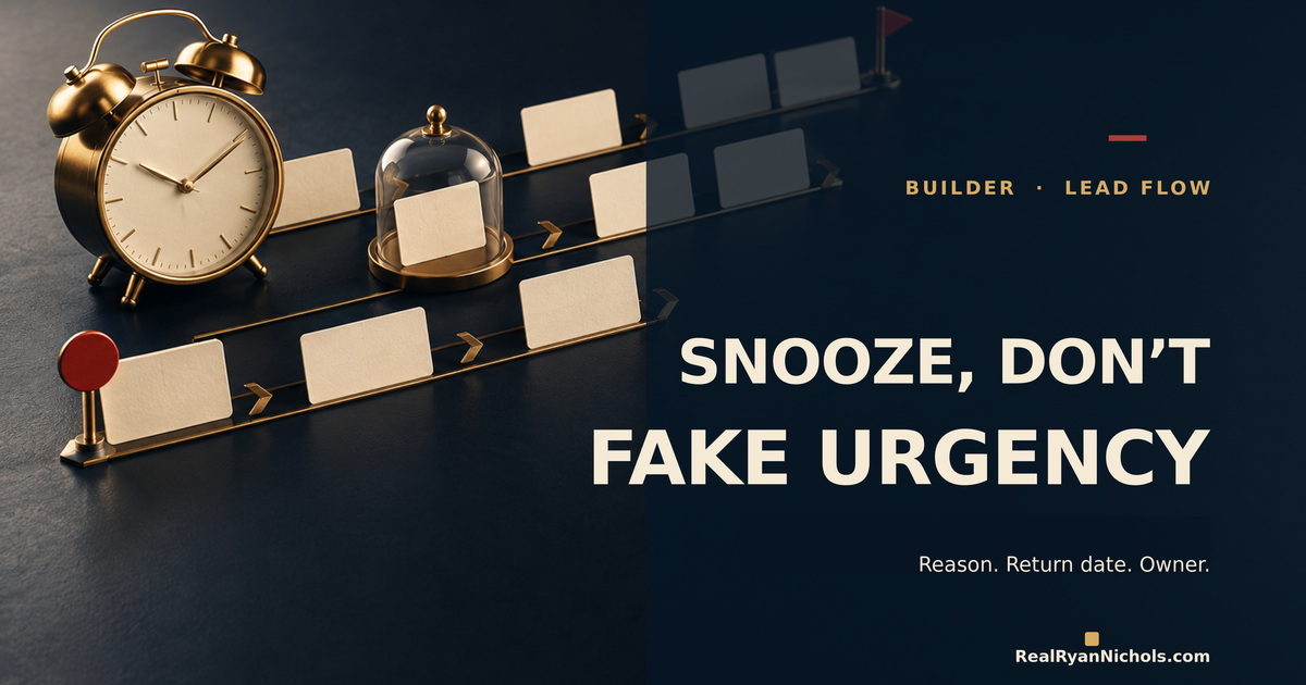 A brass alarm clock beside a calm, organized customer pipeline board