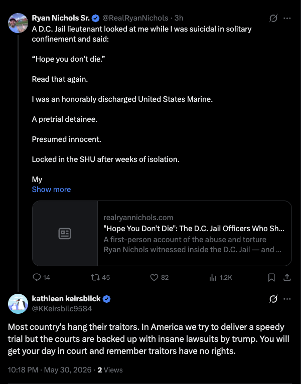 Verified X account Kathleen Keirsbilck (@KKeirsbilc9584): "Most country's hang their traitors... You will get your day in court and remember traitors have no rights."