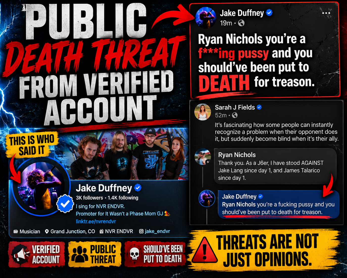 Public death threat from a verified Facebook account — Jake Duffney, May 13, 2026 · RealRyanNichols.com