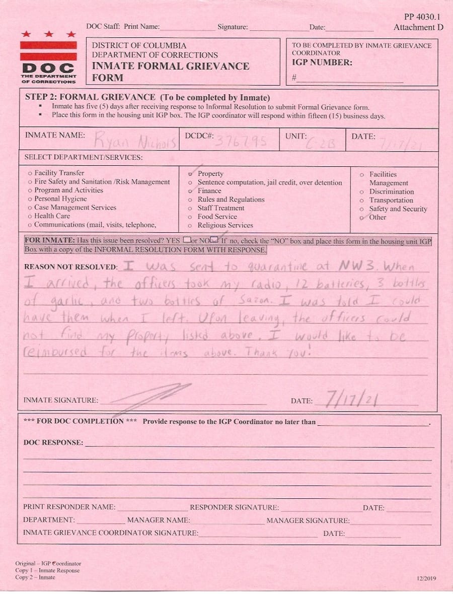 DC Department of Corrections formal grievance form, handwritten by Ryan Nichols, July 2021