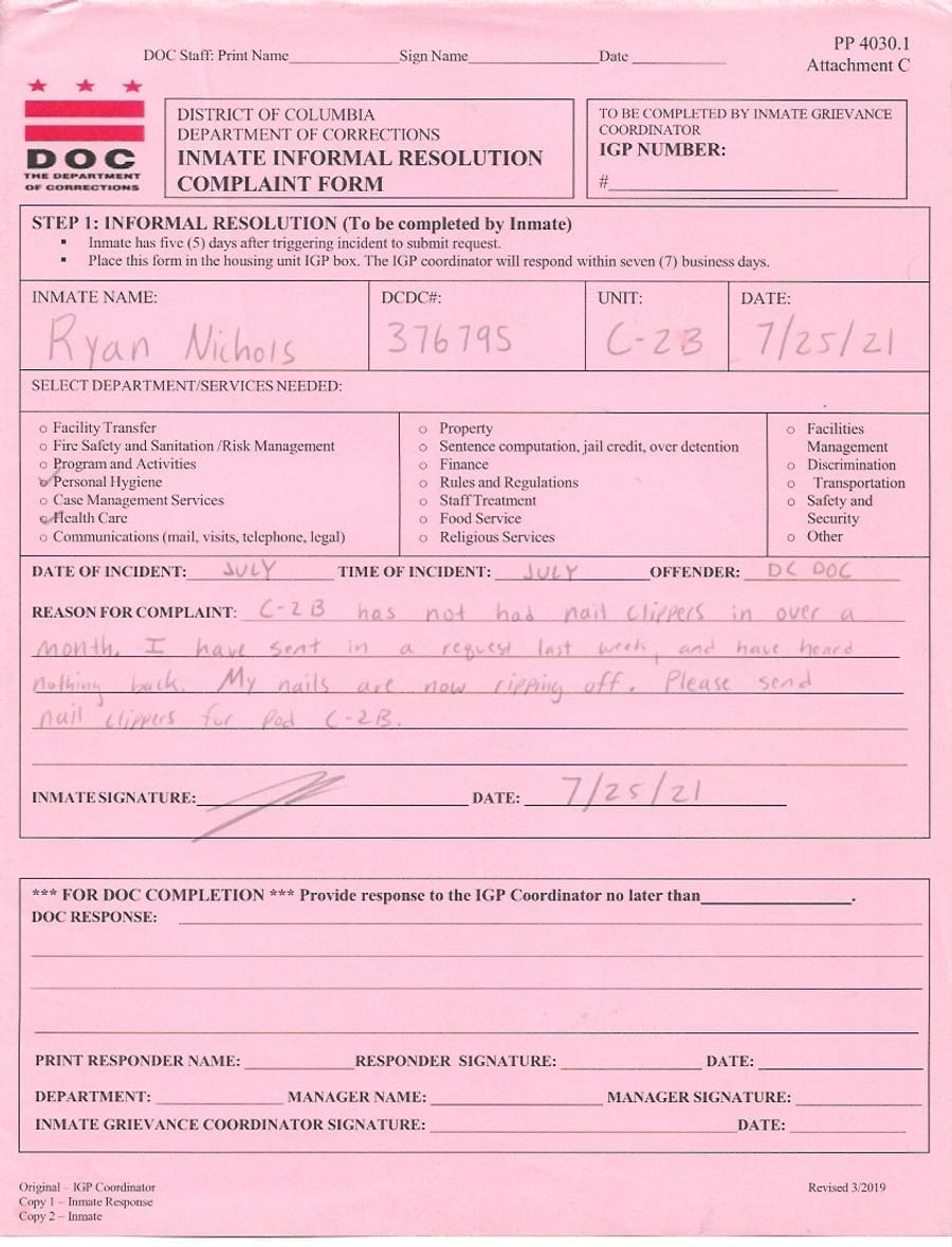 DC Department of Corrections informal resolution complaint form, handwritten by Ryan Nichols, July 2021