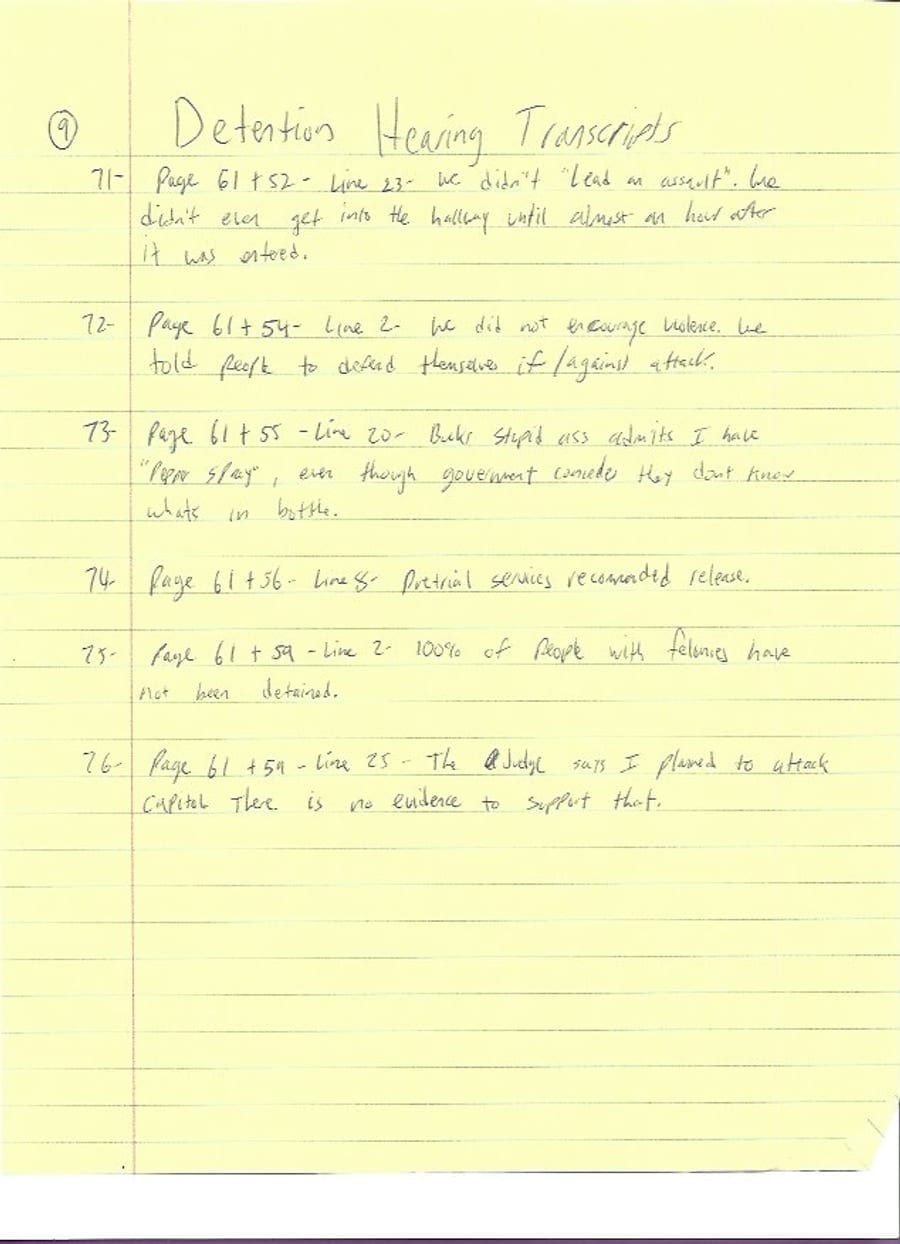 A handwritten legal pad page titled Detention Hearing Timeline