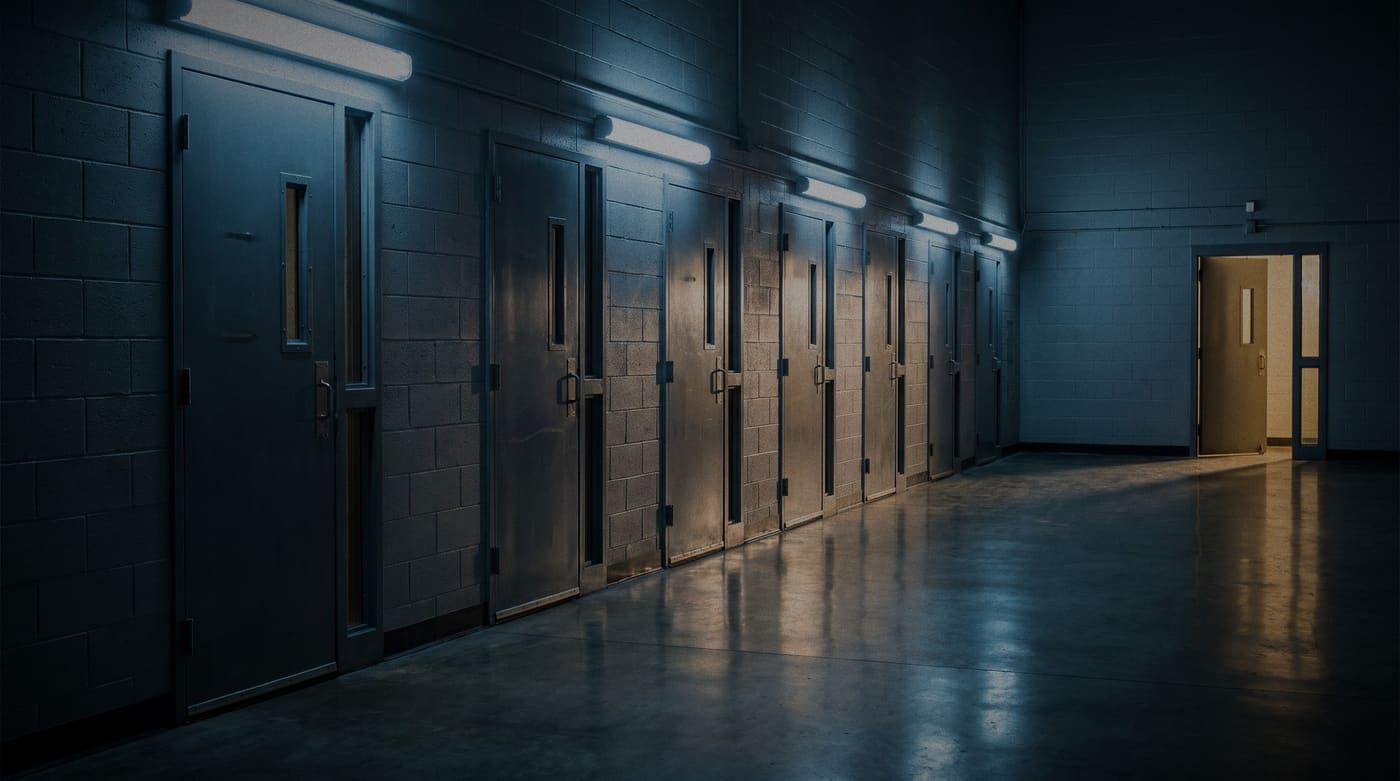 An empty cell block corridor at night, one door open with light spilling out