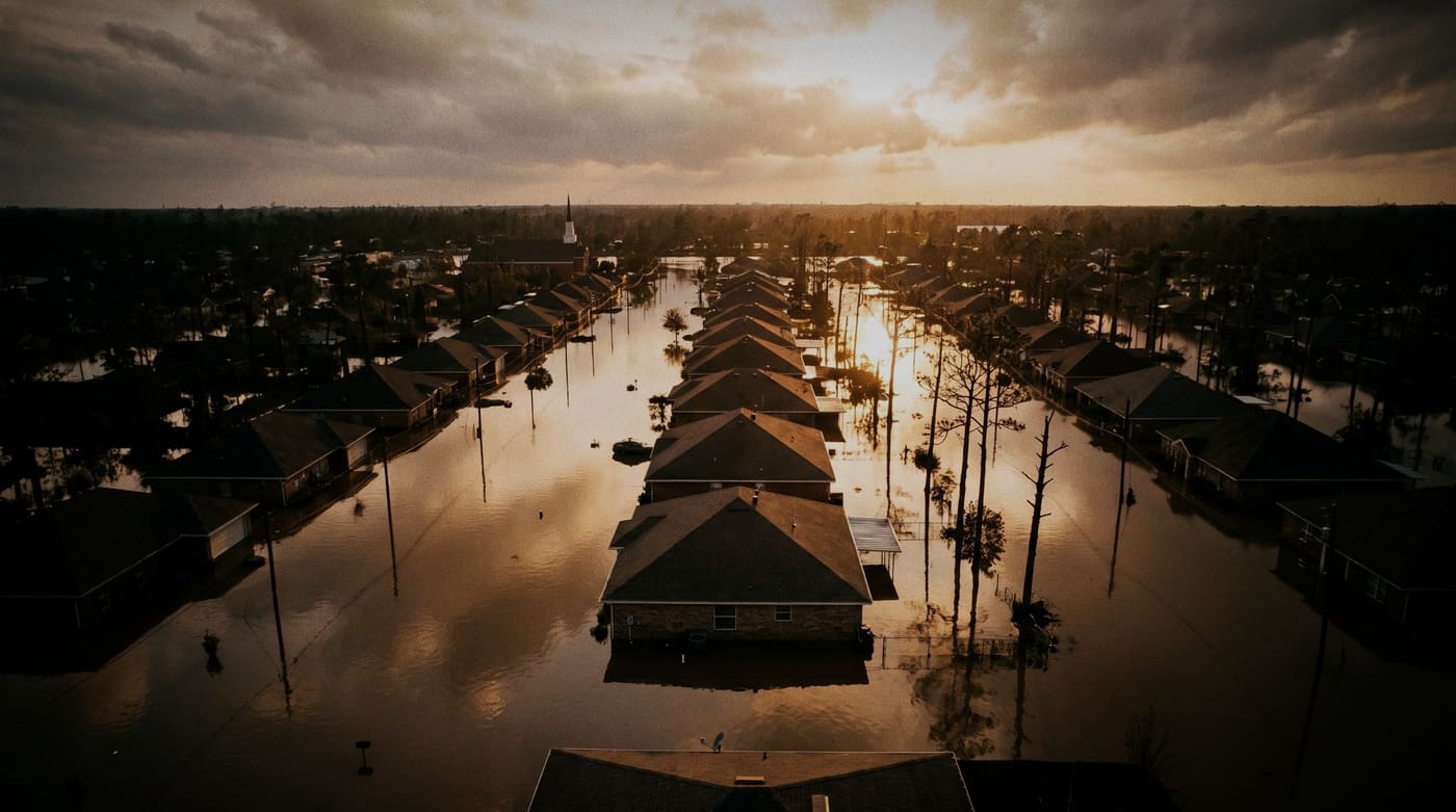 Aerial view of a Gulf Coast neighborhood underwater after Hurricane Katrina, sunset light on the flood