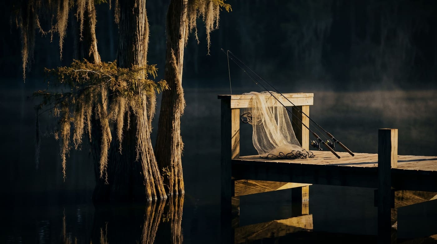 Cypress trees and Spanish moss over still water at dawn, a fishing dock with rods and a cast net