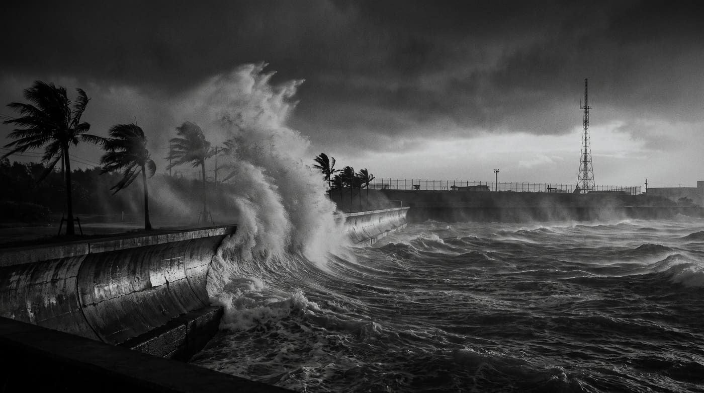 A typhoon wave breaking over the Okinawa seawall with an antenna mast behind it