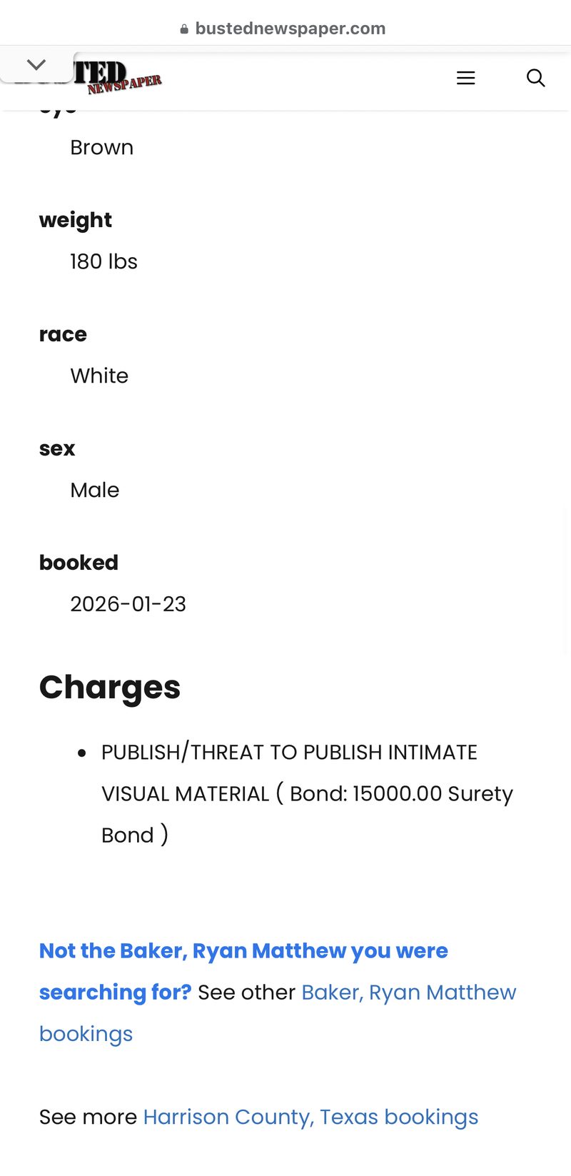 Booking detail — booked 2026-01-23, charge: Publish/Threat to Publish Intimate Visual Material, $15,000 surety bond