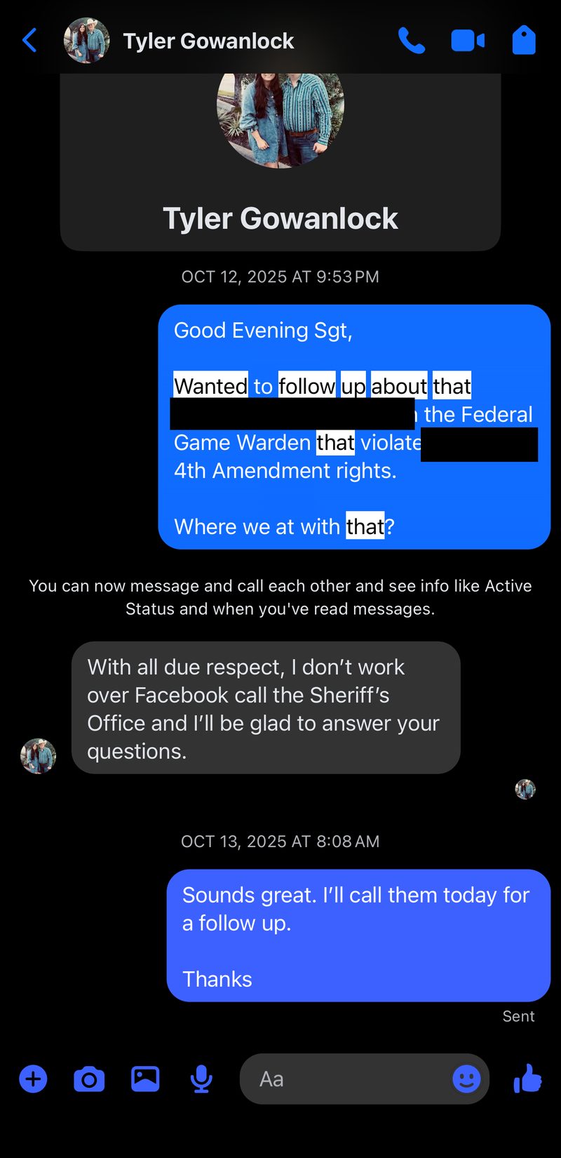 My written follow-up to Sgt. Tyler Gowanlock, October 12, 2025 — redacted to protect those harmed