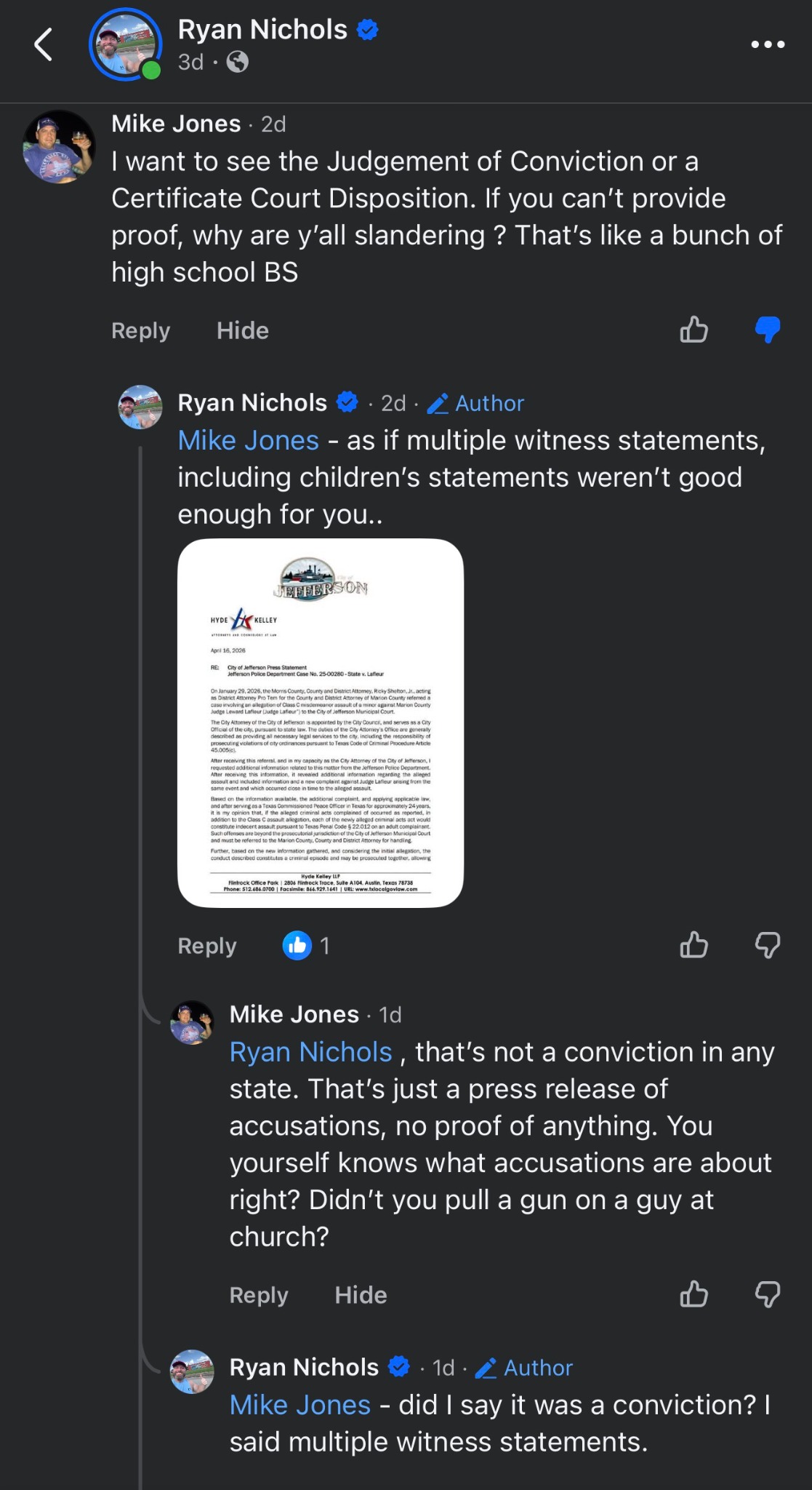 Facebook thread where Mike Jones disputes allegations involving LaFleur and raises an accusation about Ryan Nichols