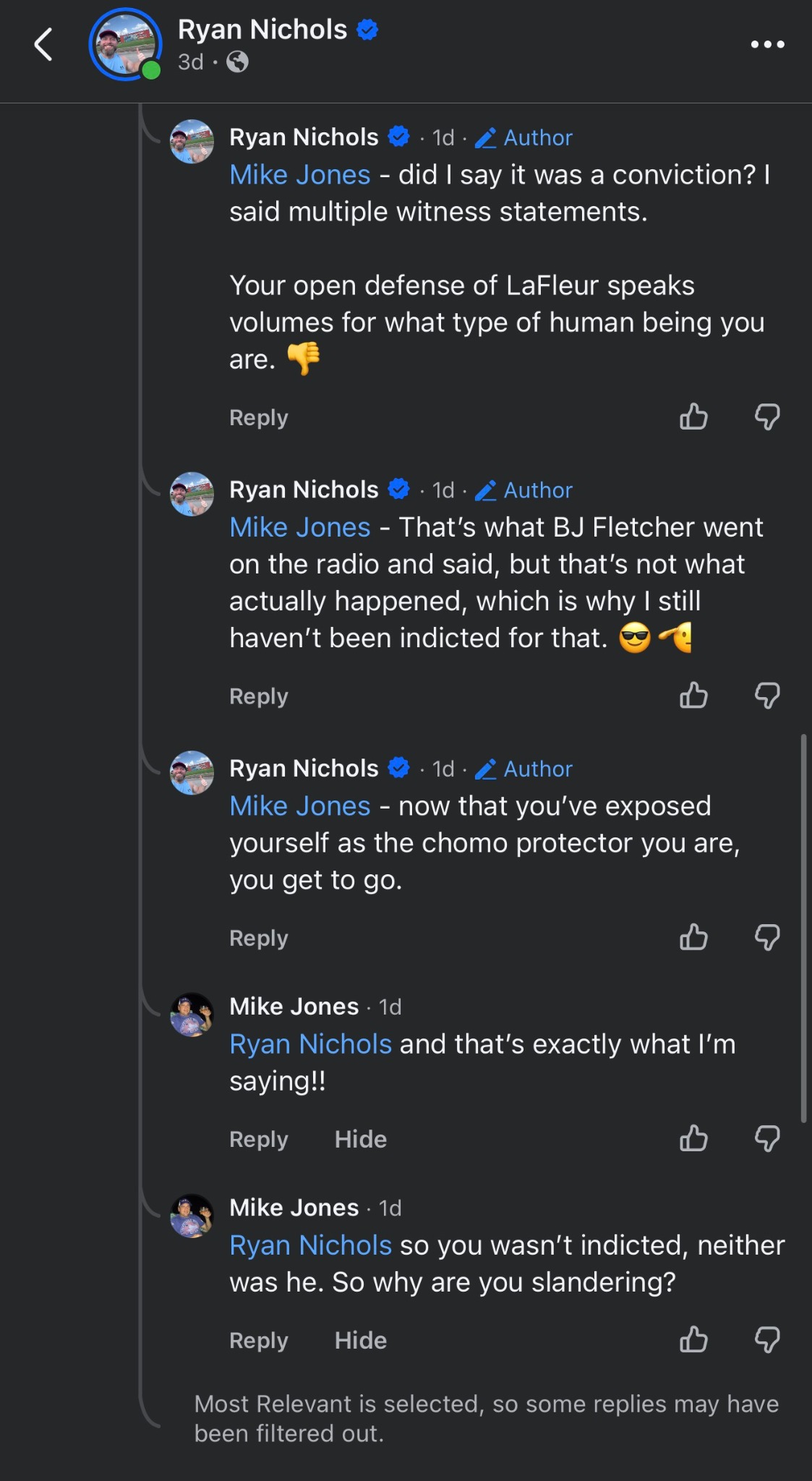 Continuation of the Facebook discussion between Ryan Nichols and Mike Jones regarding allegations and indictments