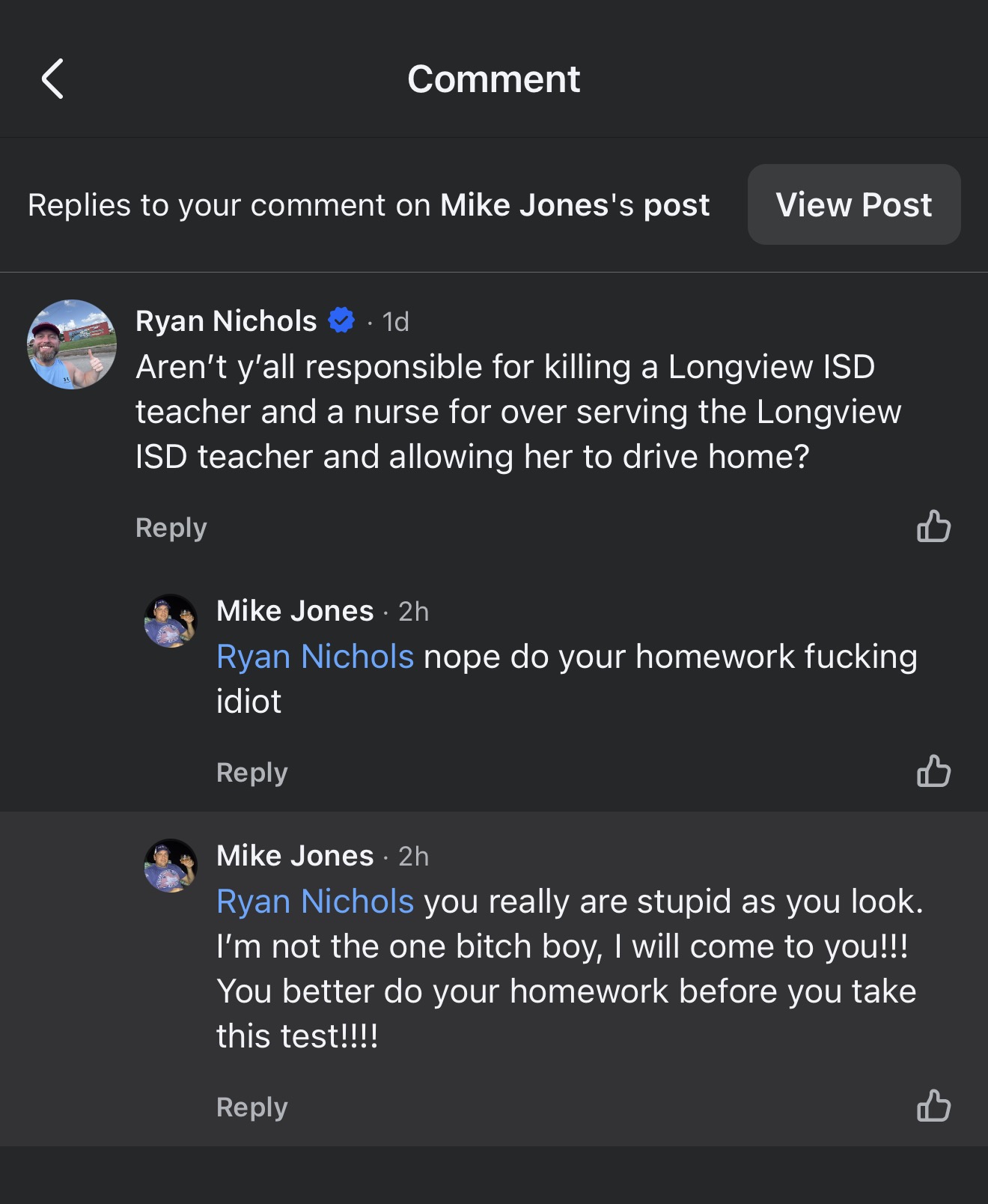 Facebook replies from Mike Jones including the statement I will come to you and you better do your homework before you take this test