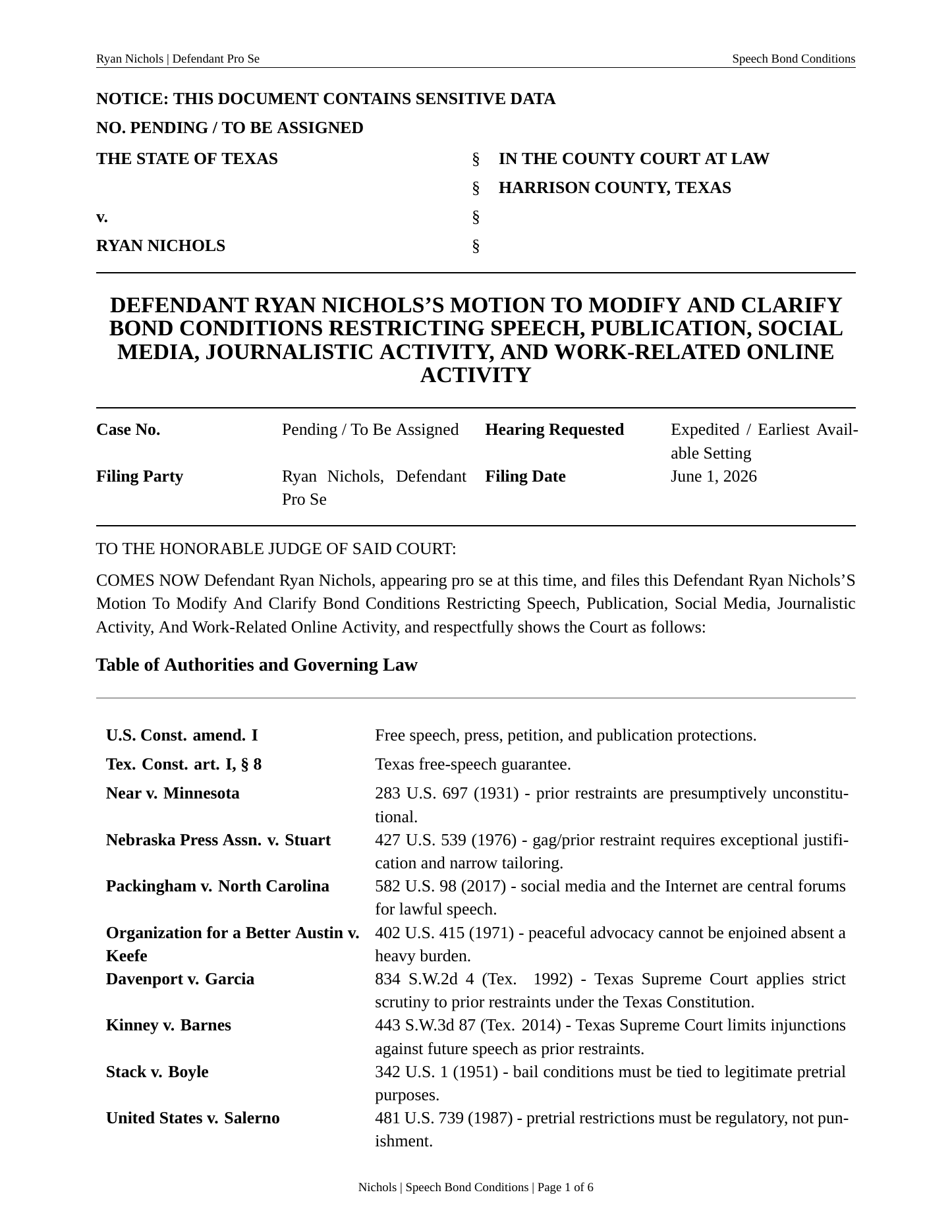 Page one of the motion as filed in the County Court at Law, Harrison County, Texas.