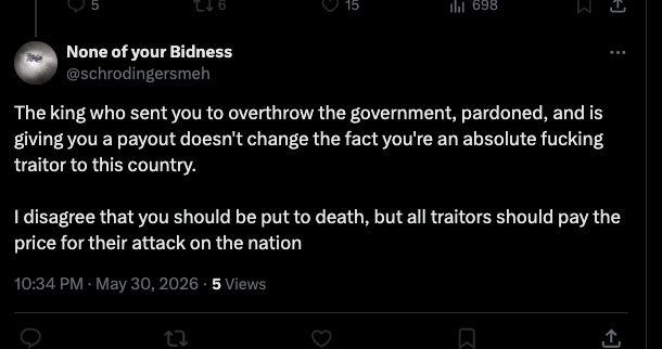 X post from None of your Bidness (@schrodingersmeh) saying Ryan is an "absolute fucking traitor" and "I disagree that you should be put to death, but all traitors should pay the price."