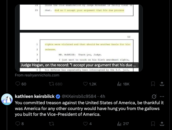 Verified X reply from Kathleen Keirsbilck saying "any other country would have hung you from the gallows you built for the Vice-President of America."