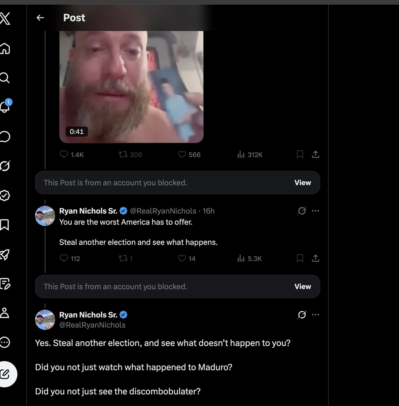 X thread view — at top: Ryan Nichols's May 21 video reading 'took my kids' under caption 'This is what a Weaponized Biden DOJ looks like' (312K views, 1.4K replies). Below it: 'This Post is from an account you blocked' (Gary Koepnick, who attacked Ryan under the grief post). Then Ryan's reply: 'You are the worst America has to offer. Steal another election and see what happens.' Then another blocked-account notice (Lori Nash, who replied 'Is that a threat?'). Then the start of Ryan's locked reply: 'Yes. Steal another election, and see what doesn't happen to you?'